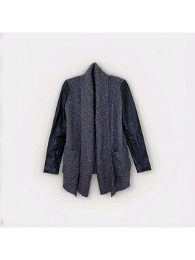 Line Knitwear Mixed Media Cardigan M Grey Flecked Chunky Knit Leather LS Edgy